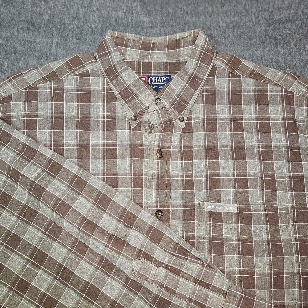 Ralph Lauren Chaps Brown Plaid Men's 2XL Button Down Long Sleeve